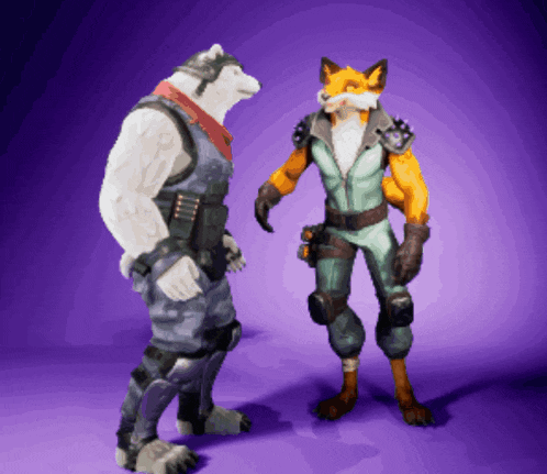 a fox and a polar bear standing next to each other on a purple background