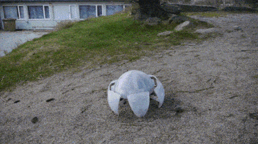 a white ball is laying on the ground near a grassy hillside