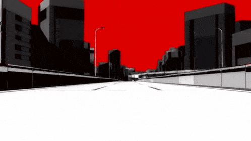 a black and white drawing of a city street with a red sky in the background .