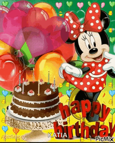 a happy birthday card with minnie mouse holding balloons and a cake .