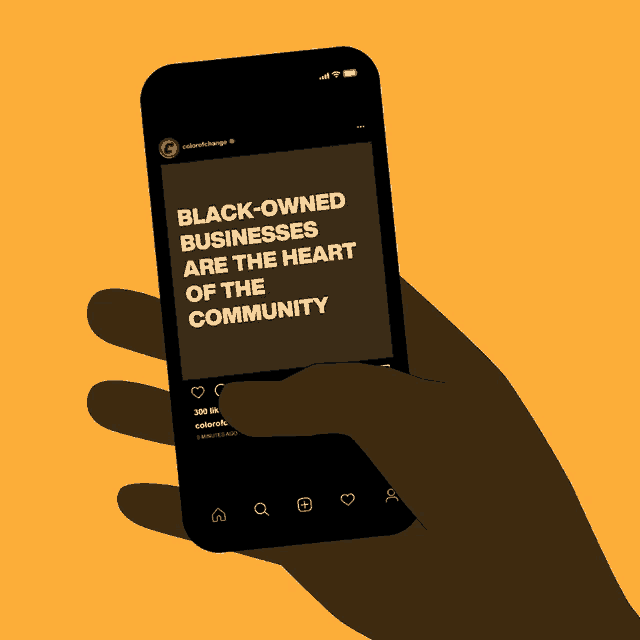 a hand holding a cell phone that says black owned businesses are the heart of the community