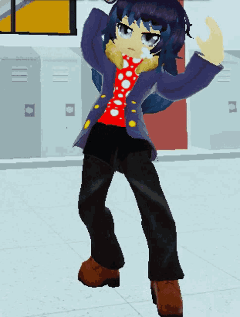a cartoon character with purple hair is standing in front of a row of lockers