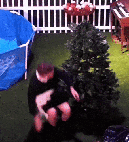 a man is kneeling next to a christmas tree in a backyard