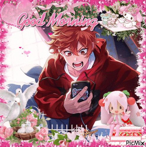 a picture of a boy looking at his phone with the words good morning