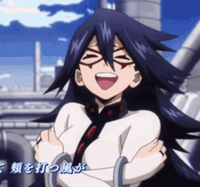 a cartoon girl with long black hair and glasses is smiling