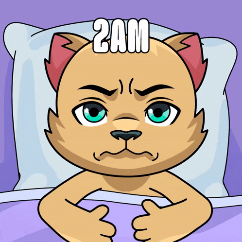 a cartoon cat is laying on a bed with the words 2am written on its head