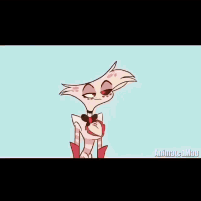 a cartoon character with a bow tie and red eyes is smiling .