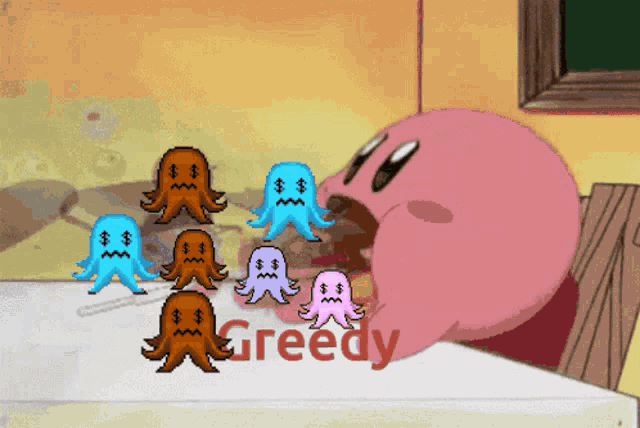 a cartoon of kirby eating a bunch of ghosts with greedy written on the bottom