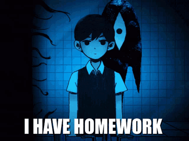 a picture of a boy with a bird behind him and the words i have homework below him