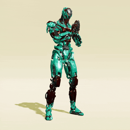 a green robot with red arms and legs is standing on a white surface