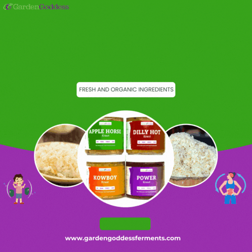 an advertisement for organic sauerkraut shows different flavors of sauerkraut
