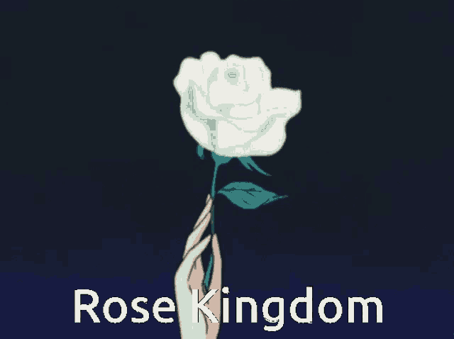 a hand is holding a white rose with the words rose kingdom written below it