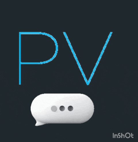the word pv is on a black background with a speech bubble