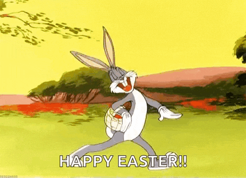 bugs bunny is holding a basket of easter eggs and saying happy easter !