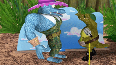 a cartoon alligator wearing a purple hat stands next to another alligator with a microphone
