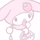 a pink hello kitty with a strawberry on her head is eating a strawberry from a bowl .