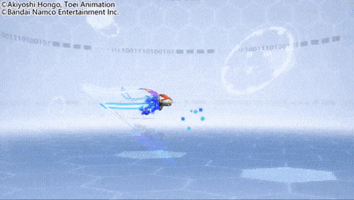 a robot with red wings is standing in front of a white background that says ' akiyoshi hongo toei animation '