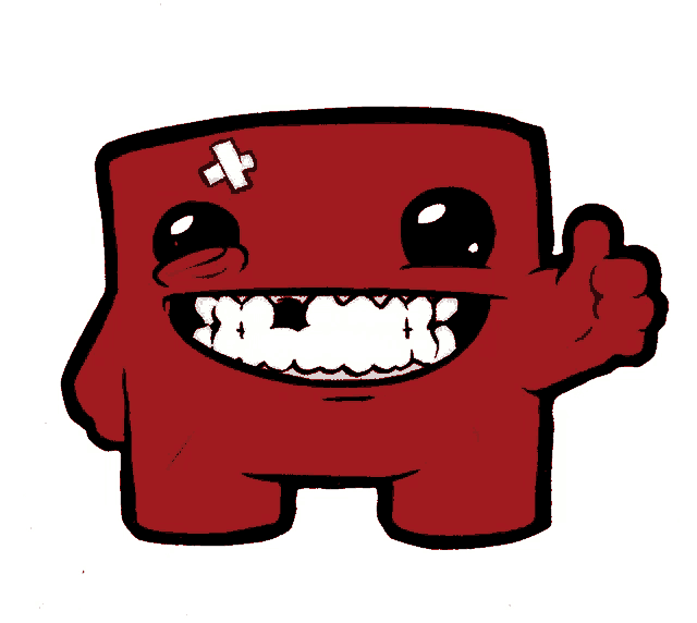 a red cartoon character with a white cross on its head gives a thumbs up