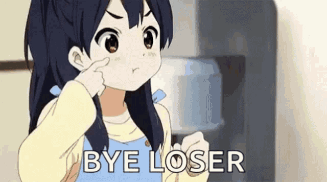 a girl in an apron is pointing at her nose and says `` bye loser '' .
