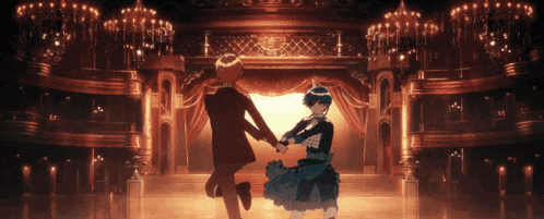 a man and a woman are dancing in a dark room with chandeliers