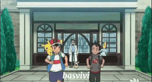 a group of cartoon characters are standing in front of a building and the word basvivi is on the bottom right