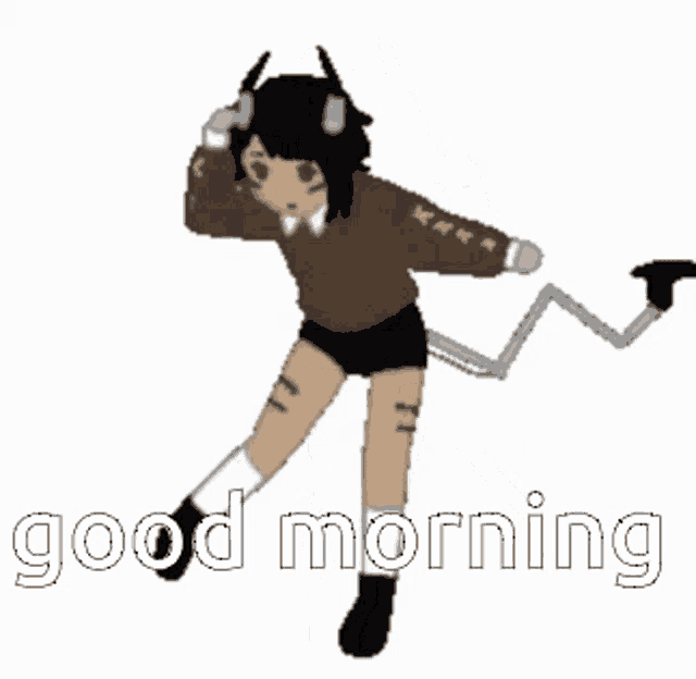 a cartoon of a girl with horns and a tail is dancing and says good morning .