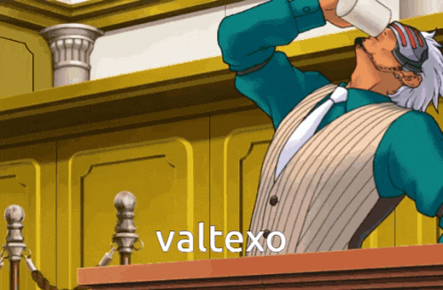 a man in a suit and tie is drinking from a cup with the word valtexo written below him