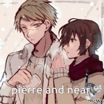a couple of anime characters standing next to each other with the words pierre and near written on the bottom of the picture