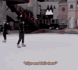 a person ice skating on a rink with the words slips and falls hard