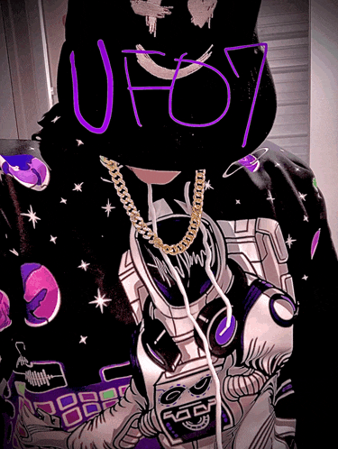 a person wearing a hoodie that has the word ufo7 on it