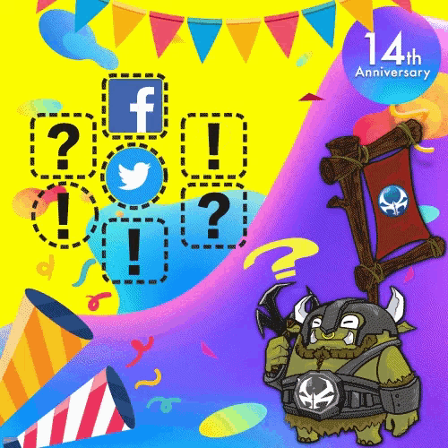 a 14th anniversary celebration with a cartoon character and social media icons