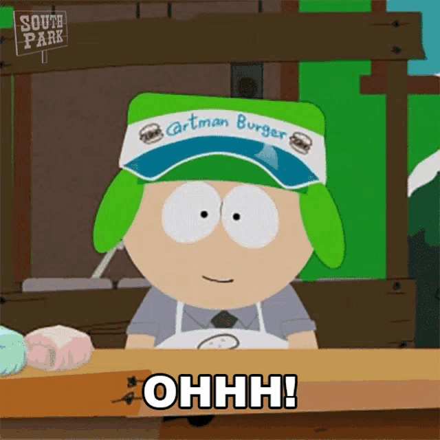 a south park character is wearing a cartman burger hat