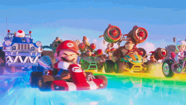 mario is driving a red and white kart with the letter g on the side