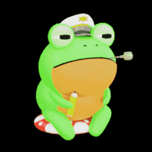 a green frog with a white hat is sitting on a red and white pillow