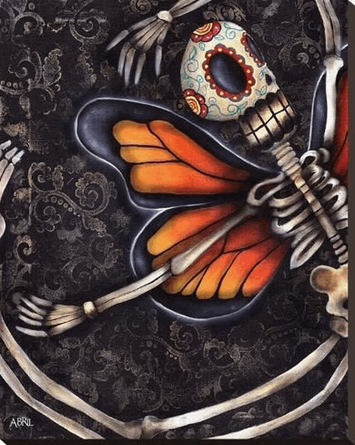 a painting of a butterfly skeleton with a sugar skull on top of it .