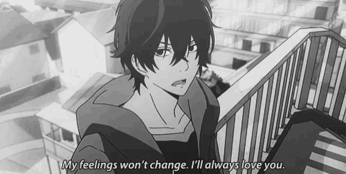 a black and white drawing of a boy with the words " my feelings won t change i 'll always love you "
