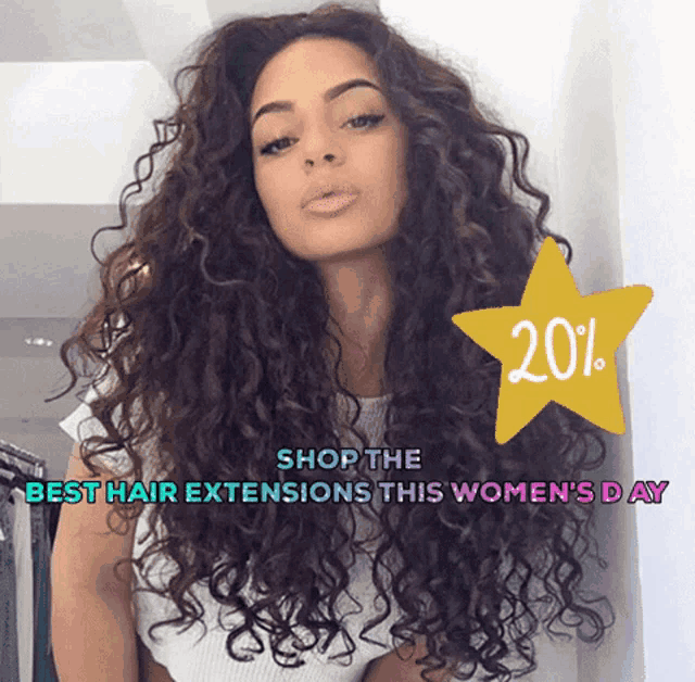 a picture of a woman with curly hair and the words shop the best hair extensions this womens day