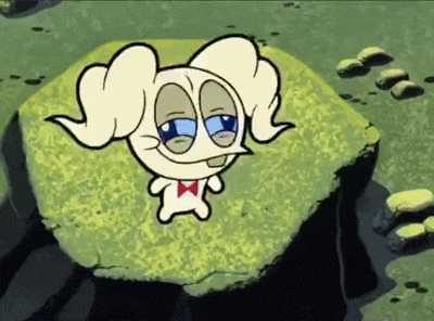 a cartoon character wearing a bow tie is sitting on a rock