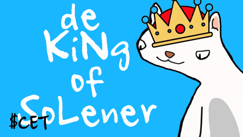 a drawing of a cat wearing a crown with the words " de king of solener " above it