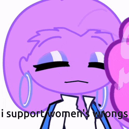 a purple cartoon character with the words i support women 's wrongs below her