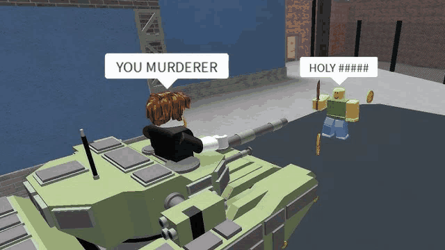 a cartoon of a man sitting in a tank with a speech bubble that says " you murderer "