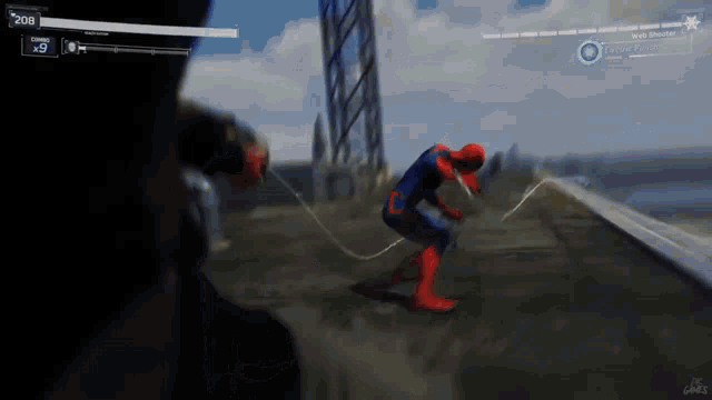 a video game screen shows a spider-man with the number 208