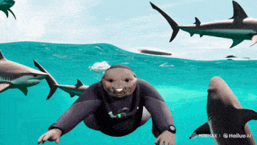 a man in a wetsuit is swimming with sharks