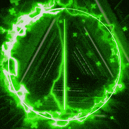 a green lightning circle is surrounded by triangles and crosses
