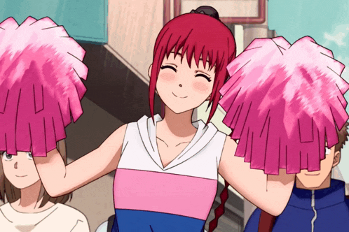 a girl with red hair is holding pink pom poms