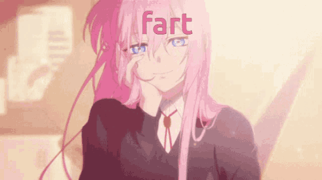 a girl with pink hair and blue eyes has the word fart above her