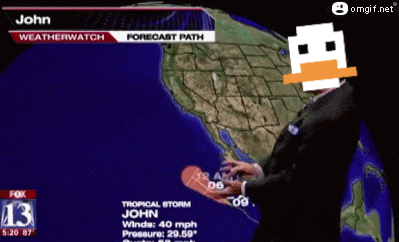 a weatherman with a duck on his head is forecasting tropical storm john