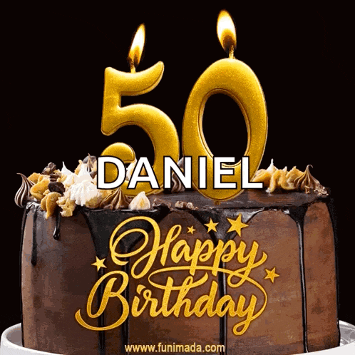 a chocolate birthday cake with candles that say 50 daniel