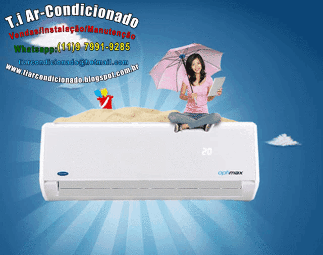 a woman sits on top of a carrier air conditioner with an umbrella