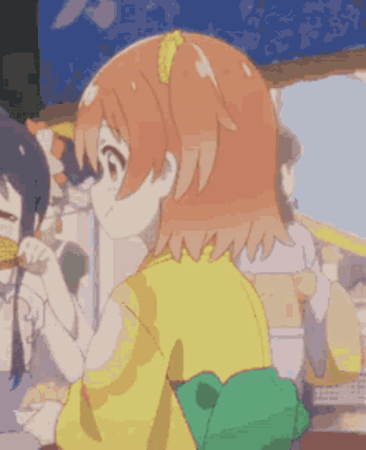 a girl with orange hair is wearing a yellow shirt and a green kimono .